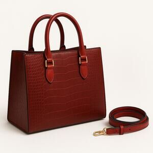 Womens Faux Croc Tote Bag Brown Red Handles NWOT 13x10x3